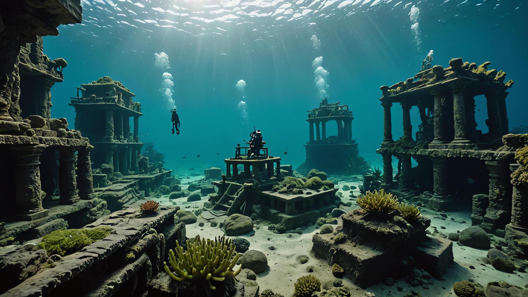 cuba divers are in the water near the wrecks of buildings and sunken objects photo