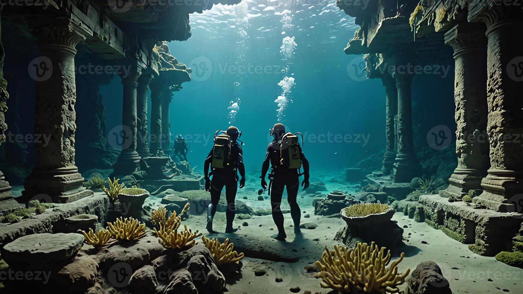 cuba divers are in the water near the wrecks of buildings and sunken objects photo