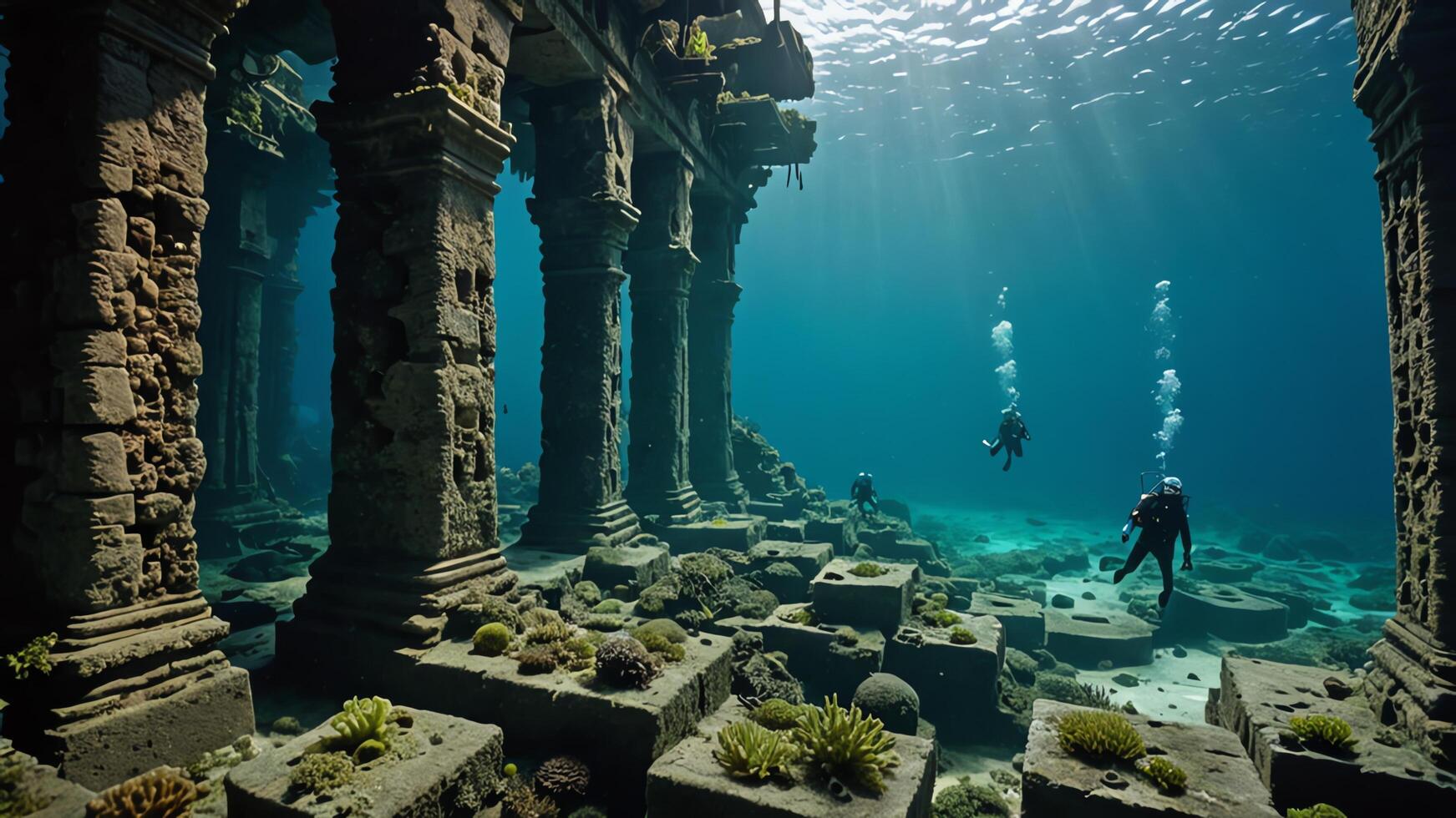 cuba divers are in the water near the wrecks of buildings and sunken objects photo