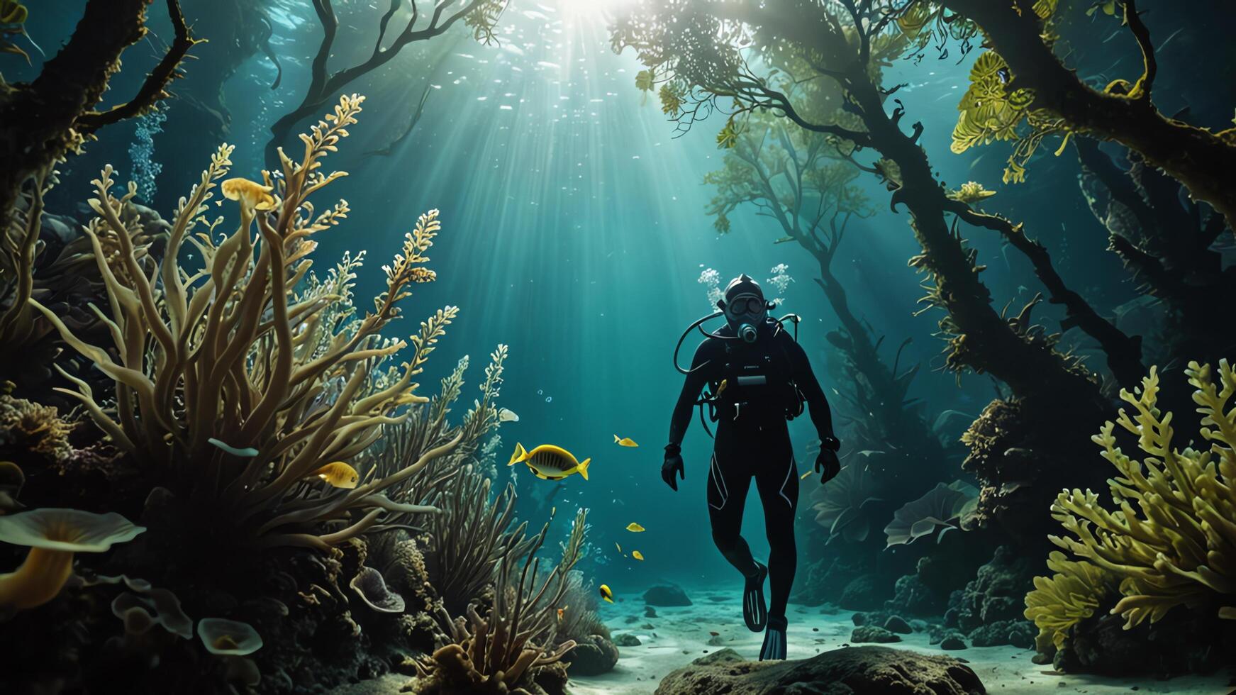 underwater diver with a view of the underwater forest photo