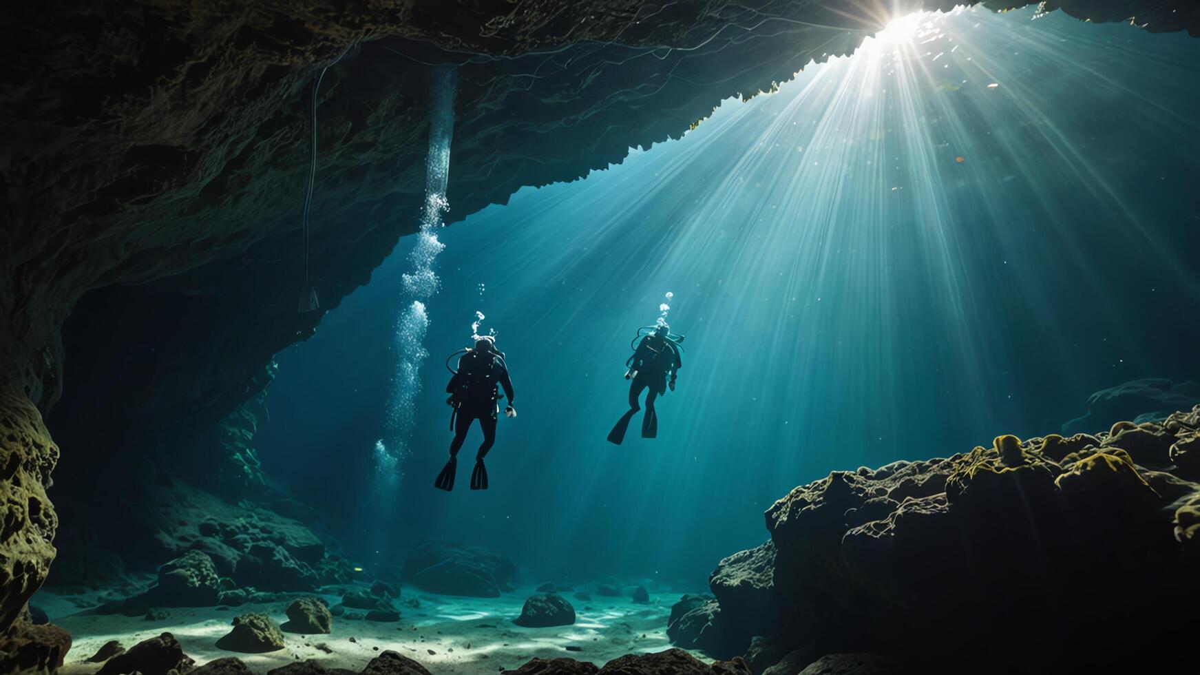 divers are exploring underwater caves, deep sea underwater cave views photo