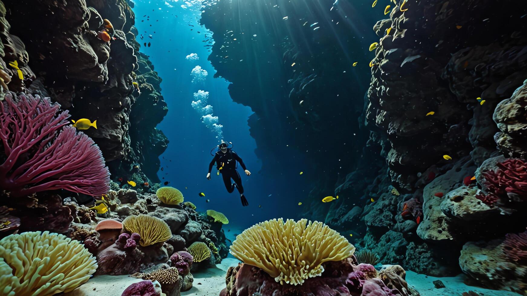 divers are exploring underwater cliff, deep sea underwater cliff views photo