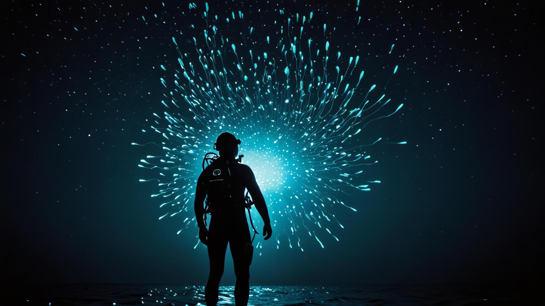 divers under the dark sea with beautiful views of glowing plants photo