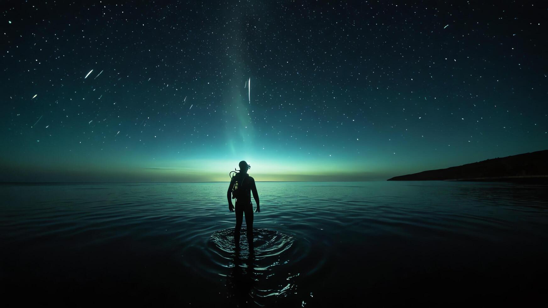 divers under the dark sea with beautiful views of glowing plants photo