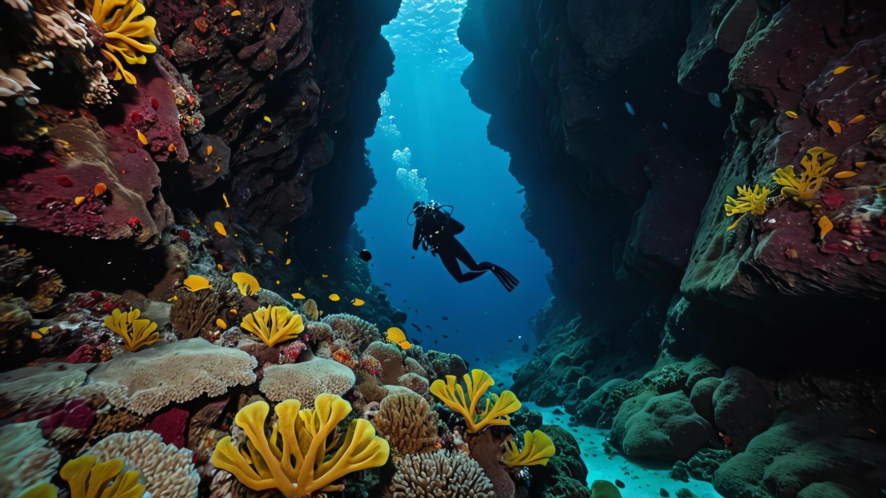 divers are exploring underwater cliff, deep sea underwater cliff views photo