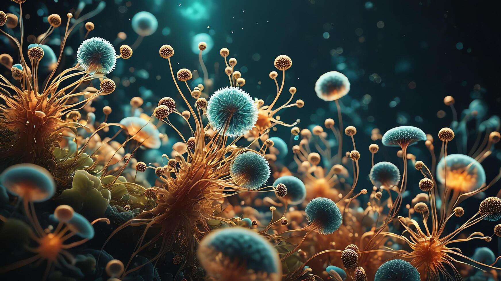 Abstract colorful microscopic structure of cells, neurons, veins, splash, circulation lines, microorganisms, micro dimensions photo