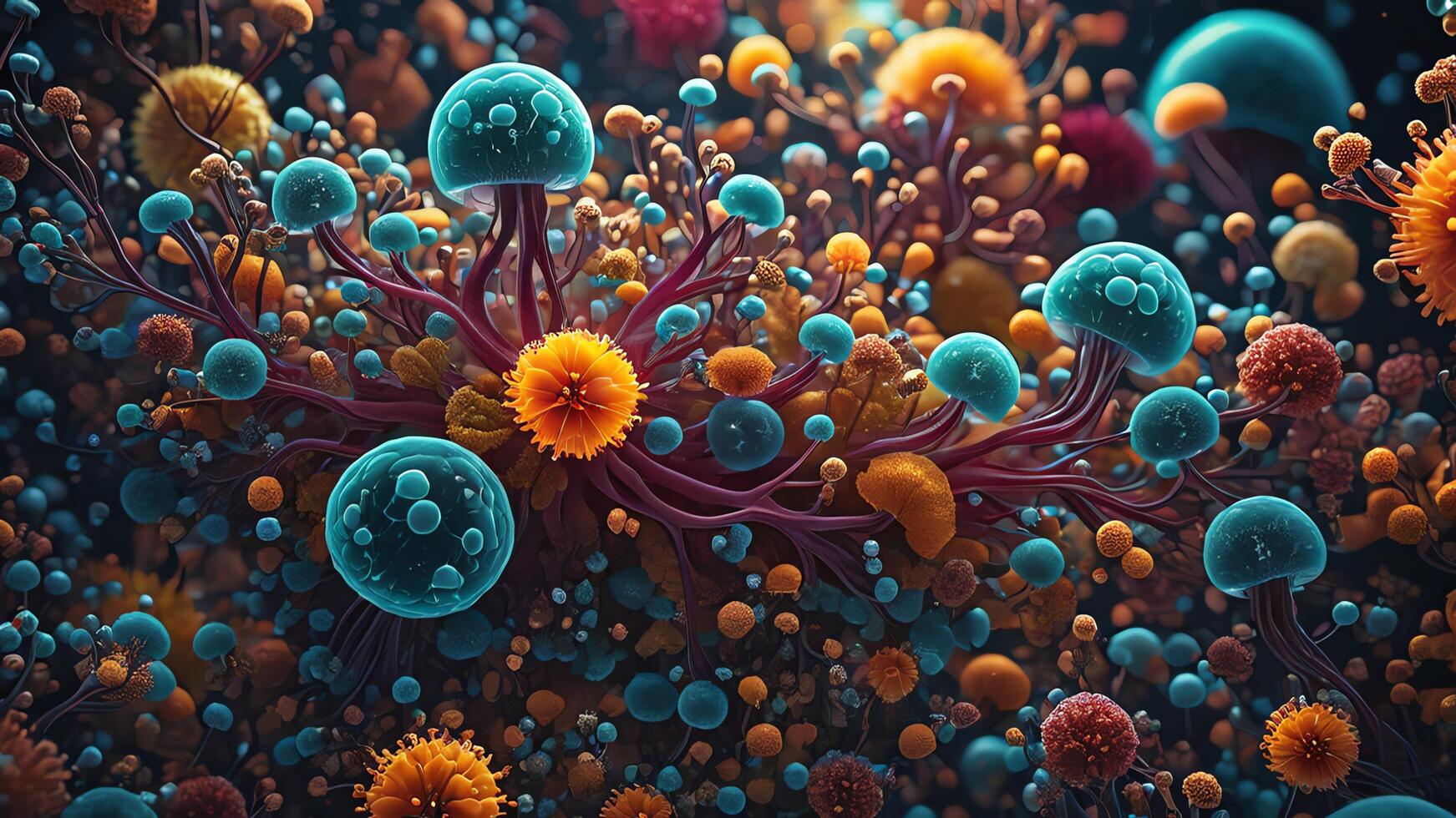 Abstract colorful microscopic structure of cells, neurons, veins, splash, circulation lines, microorganisms, micro dimensions photo