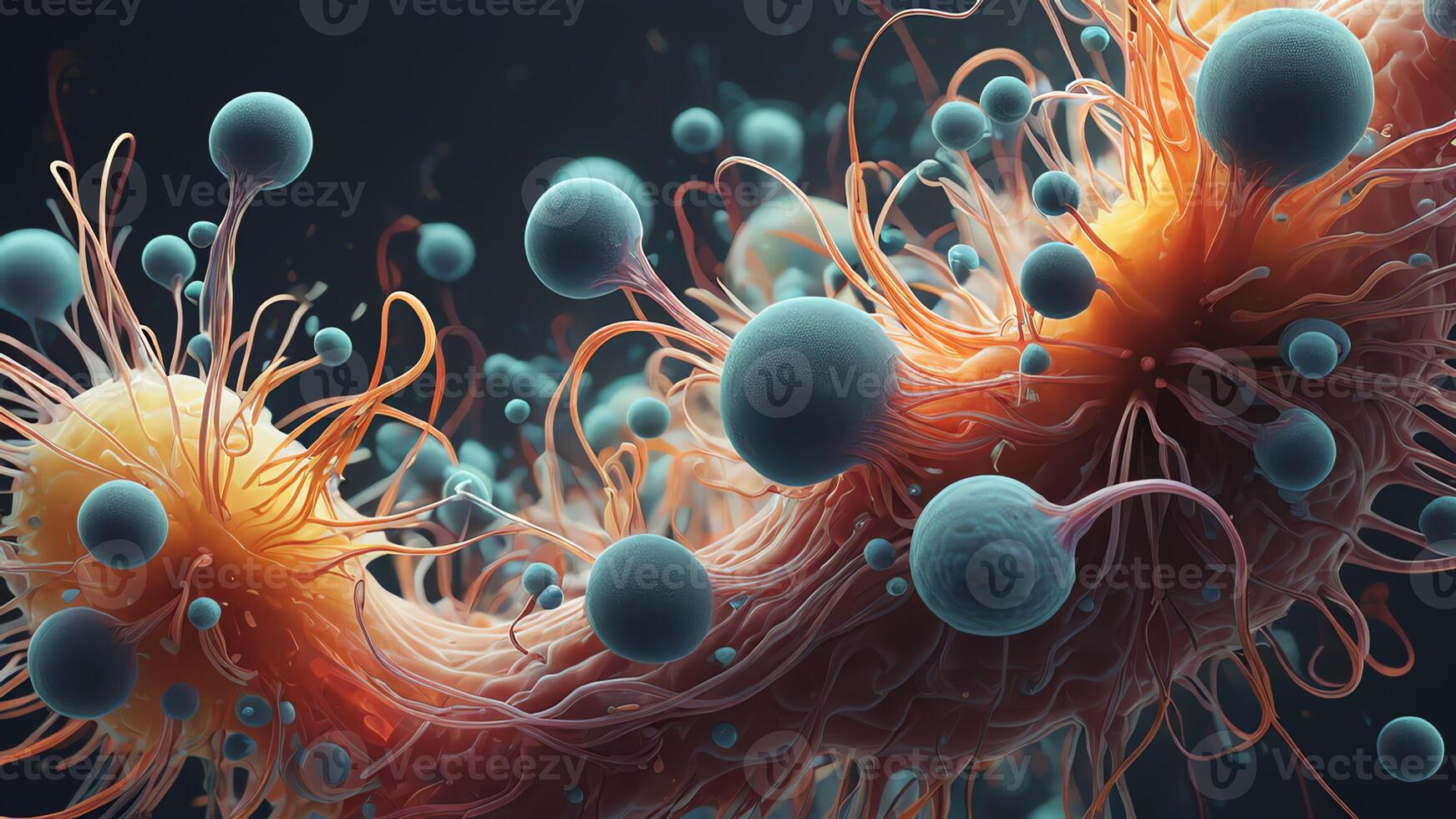 Abstract colorful microscopic structure of cells, neurons, veins, splash, circulation lines, microorganisms, micro dimensions photo