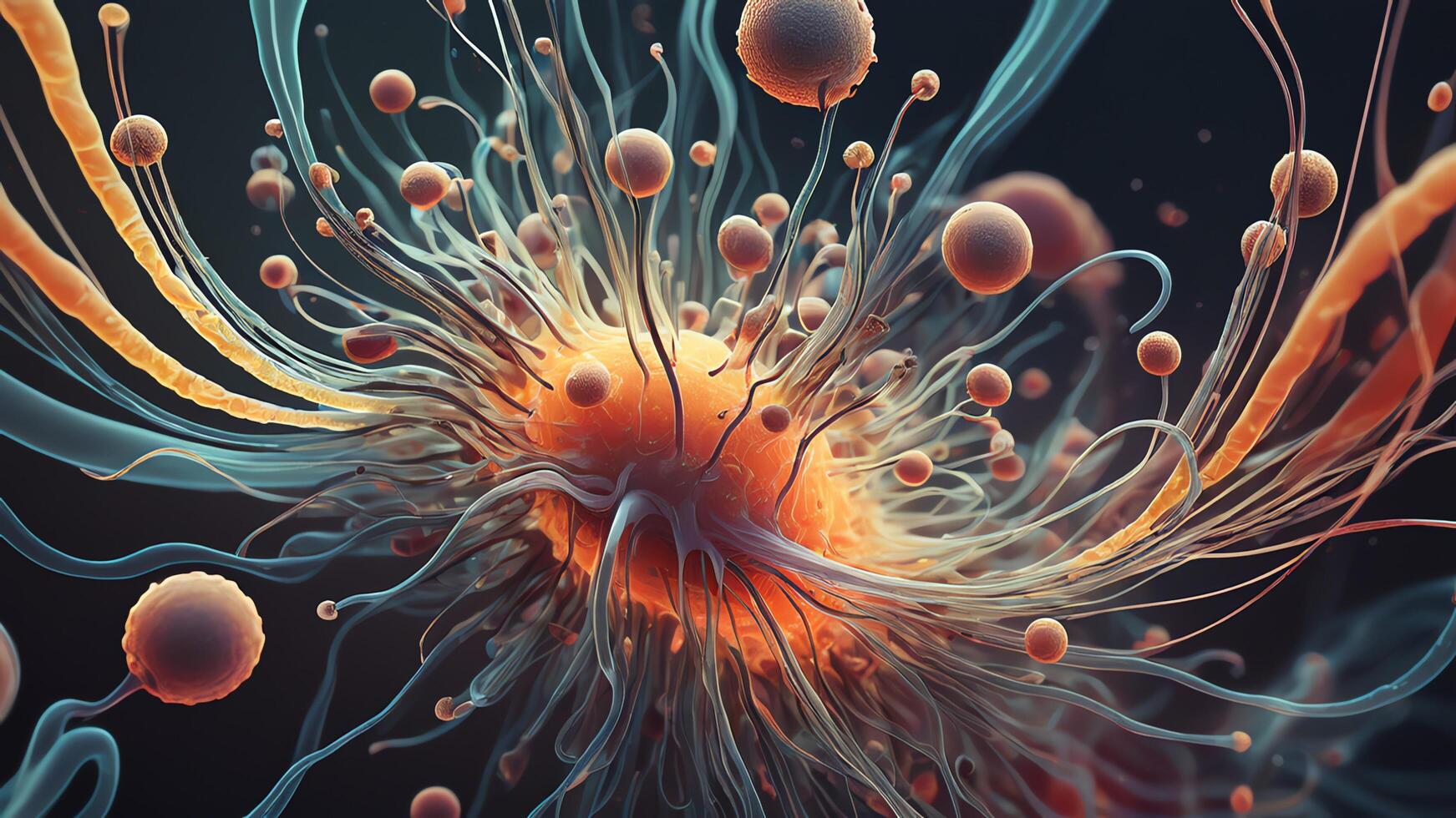 Abstract colorful microscopic structure of cells, neurons, veins, splash, circulation lines, microorganisms, micro dimensions photo