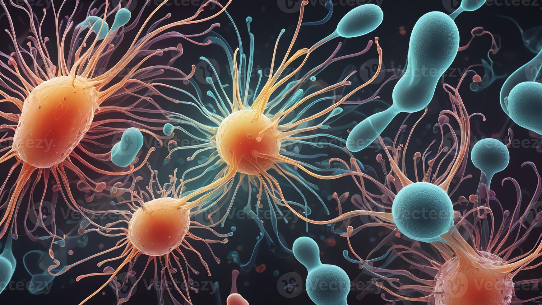 Abstract colorful microscopic structure of cells, neurons, veins, splash, circulation lines, microorganisms, micro dimensions photo