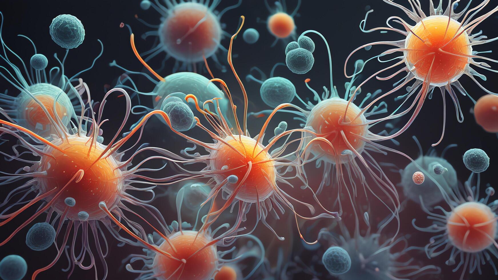 Abstract colorful microscopic structure of cells, neurons, veins, splash, circulation lines, microorganisms, micro dimensions photo