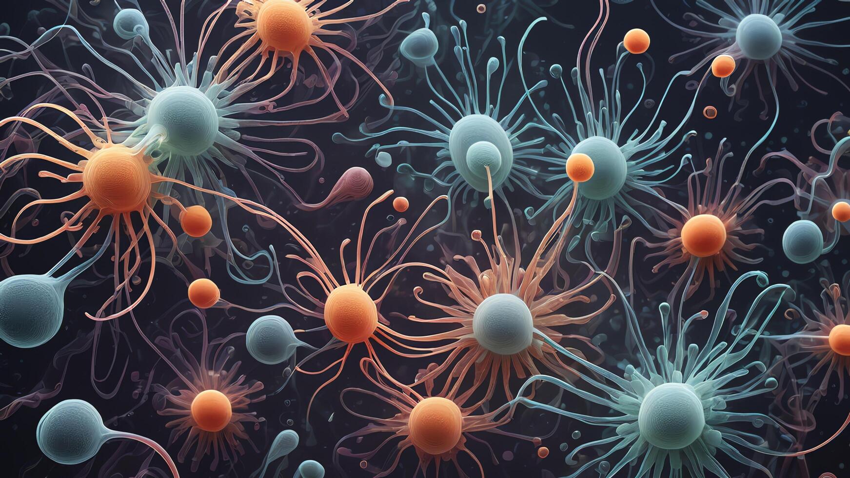 Abstract colorful microscopic structure of cells, neurons, veins, splash, circulation lines, microorganisms, micro dimensions photo