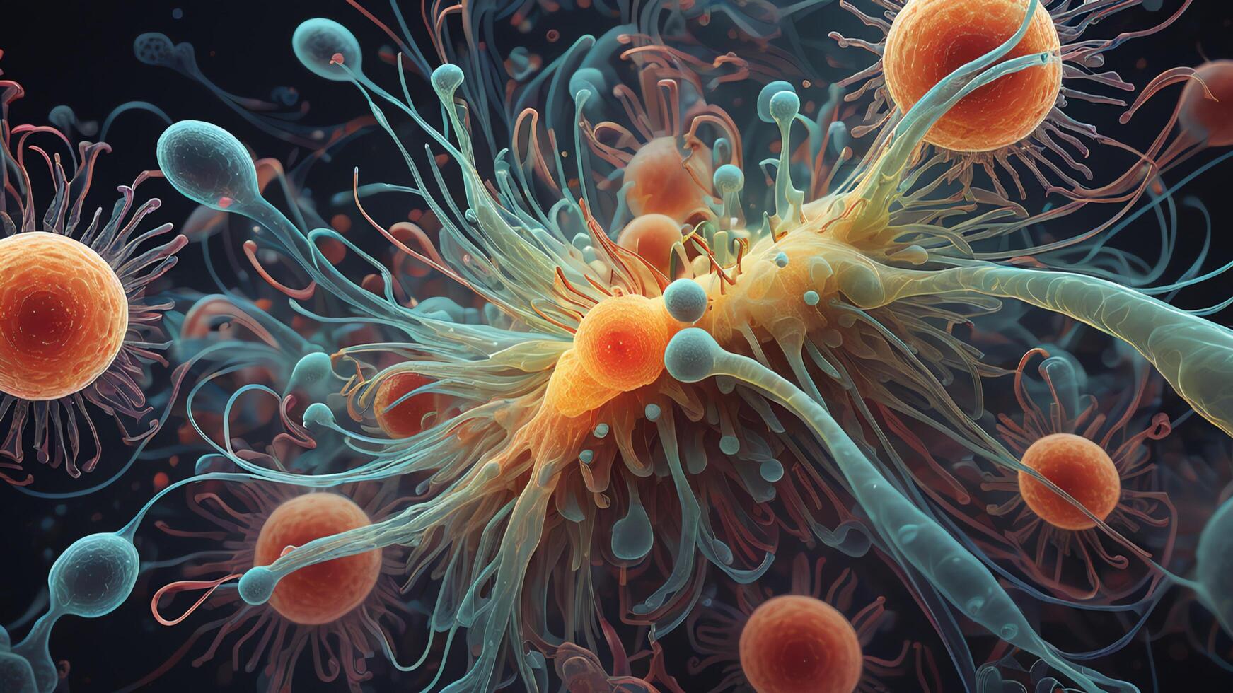 Abstract colorful microscopic structure of cells, neurons, veins, splash, circulation lines, microorganisms, micro dimensions photo