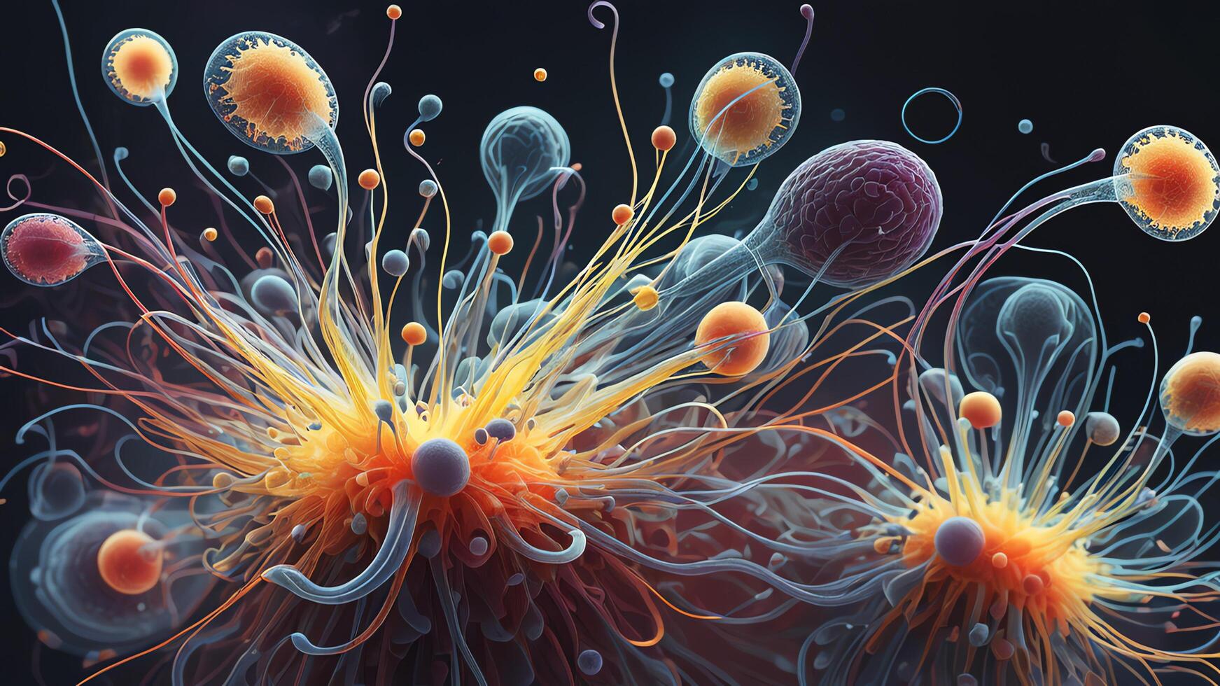 Abstract colorful microscopic structure of cells, neurons, veins, splash, circulation lines, microorganisms, micro dimensions photo