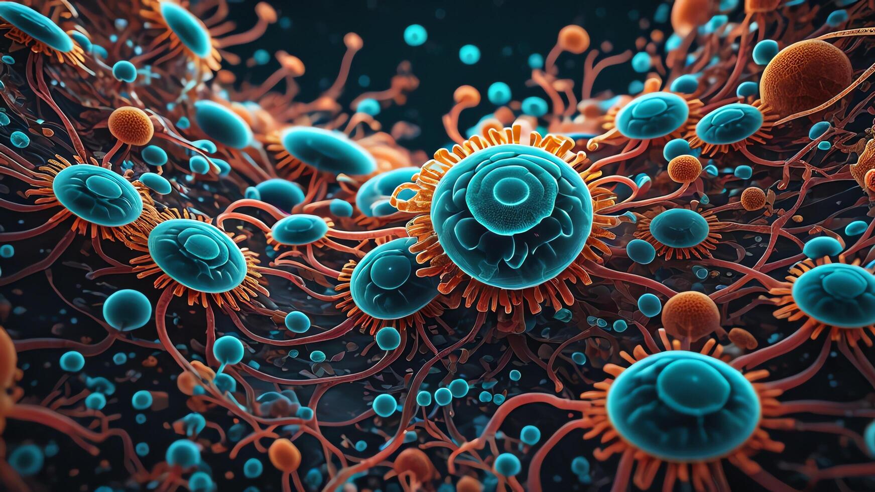 Abstract colorful microscopic structure of cells, neurons, veins, splash, circulation lines, microorganisms, micro dimensions photo