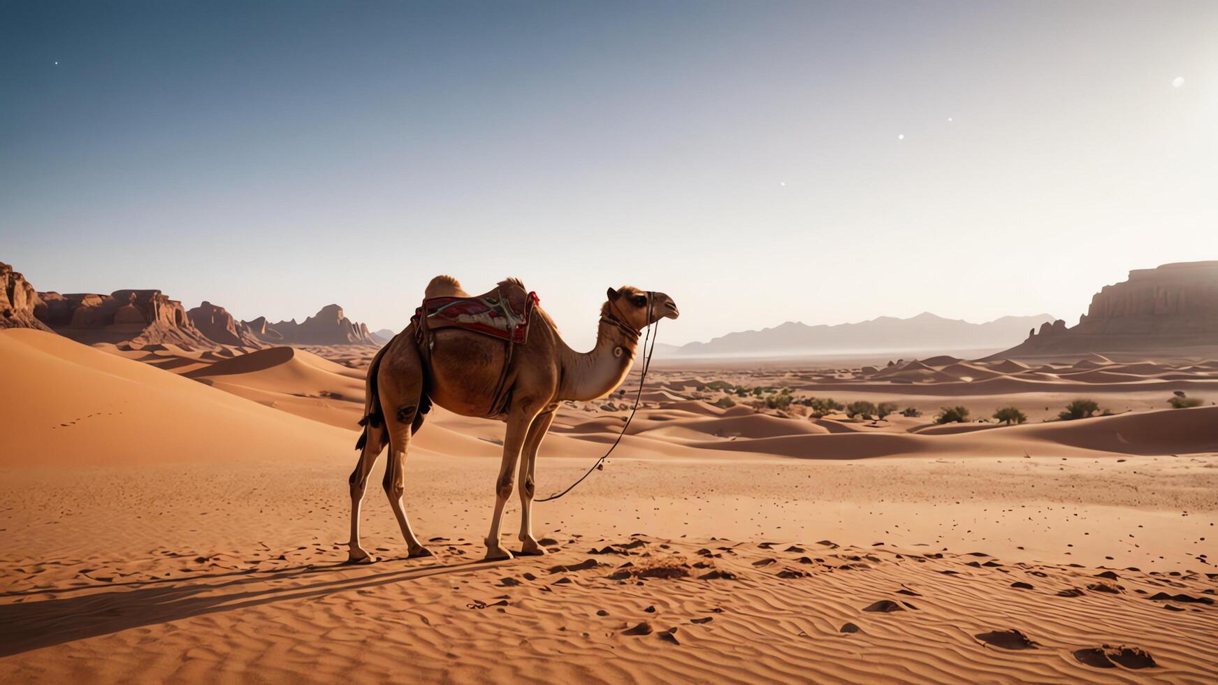 camel, animal portrait with desert landscape photo