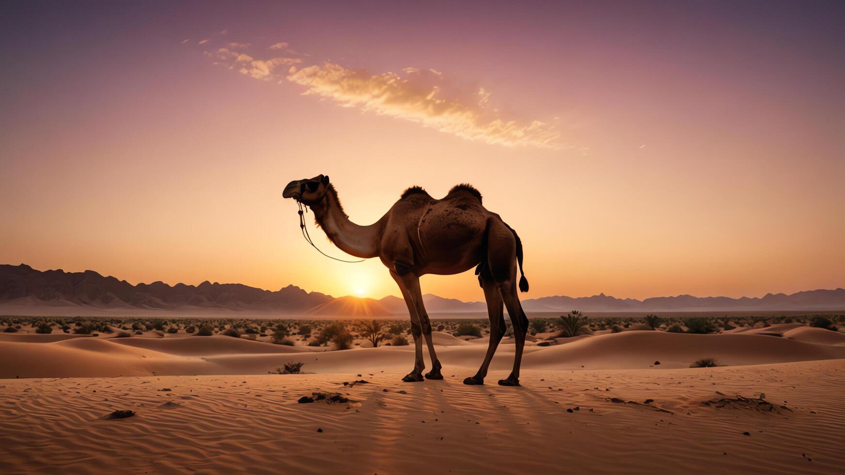 camel, animal portrait with desert landscape photo