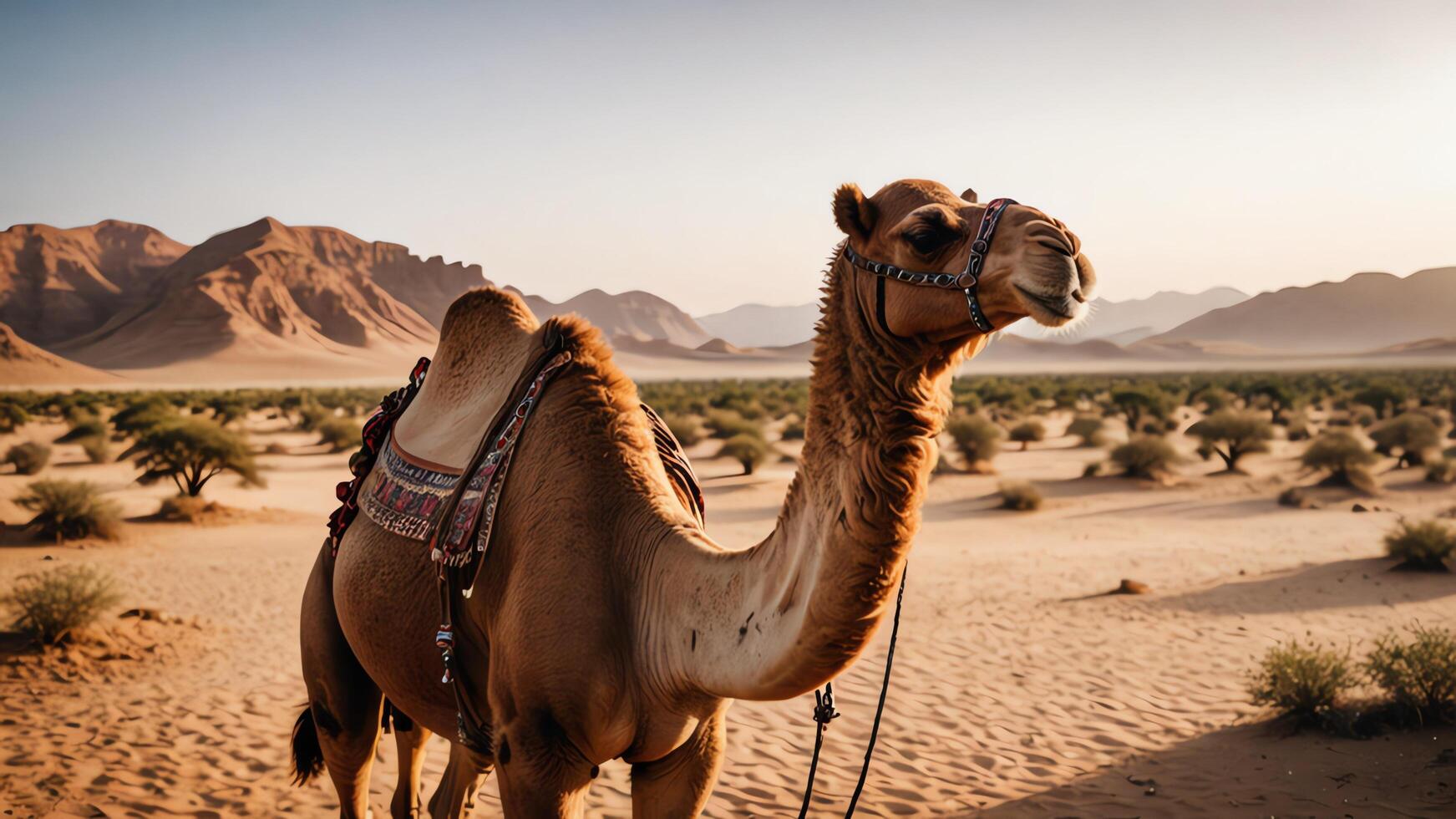 camel, animal portrait with desert landscape photo
