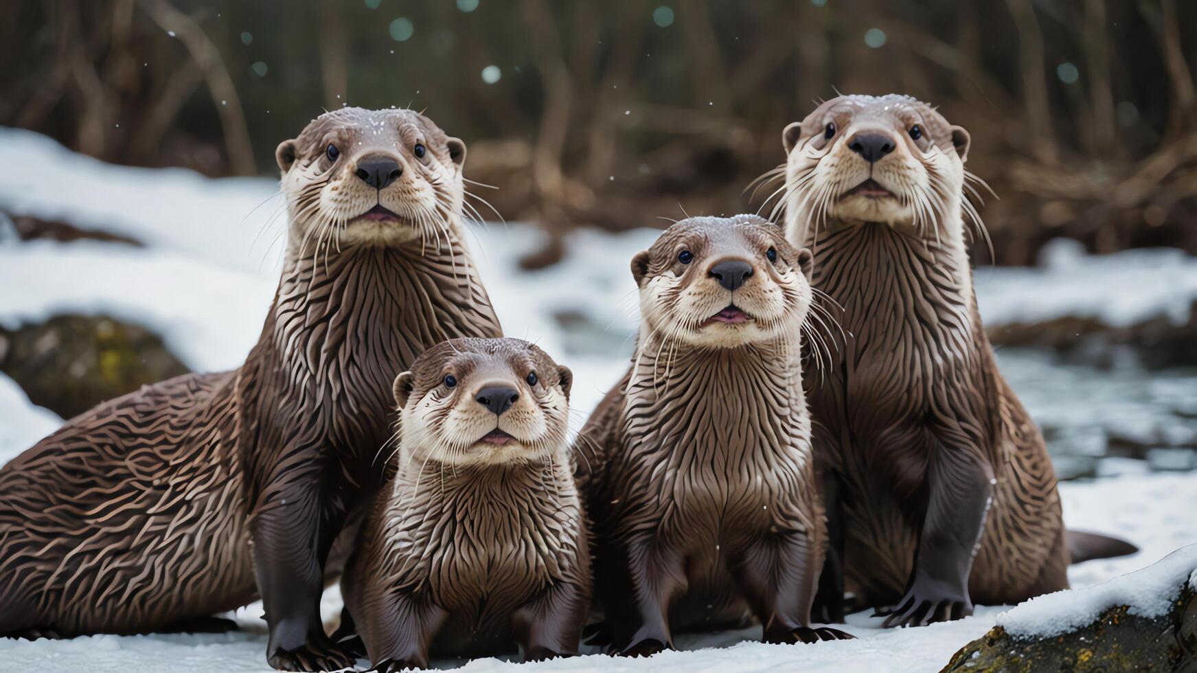 otter in winter, close up animal portrait with beautiful natural scenery photo