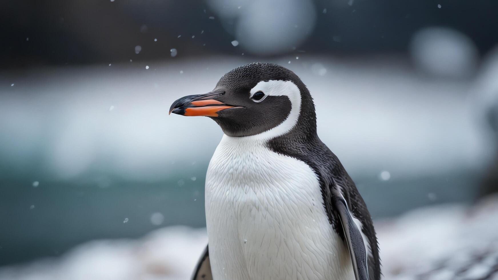 penguin, close up animal portrait with beautiful Antarctic landscape photo