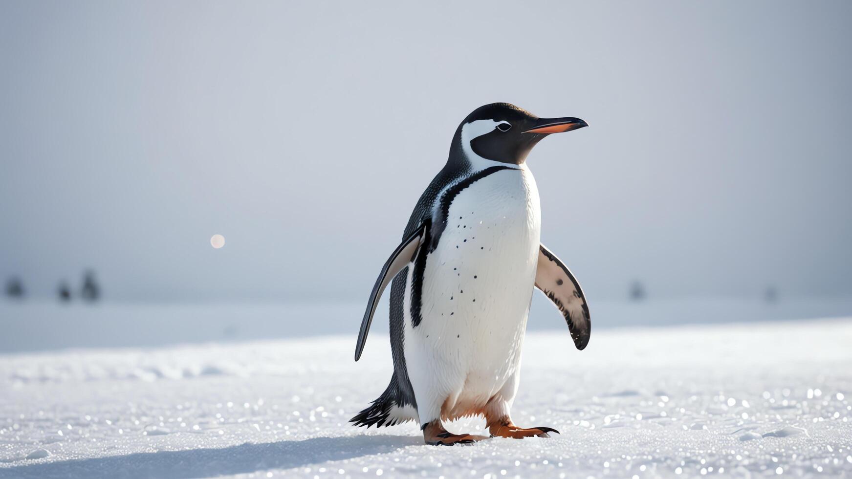 penguin, close up animal portrait with beautiful Antarctic landscape photo