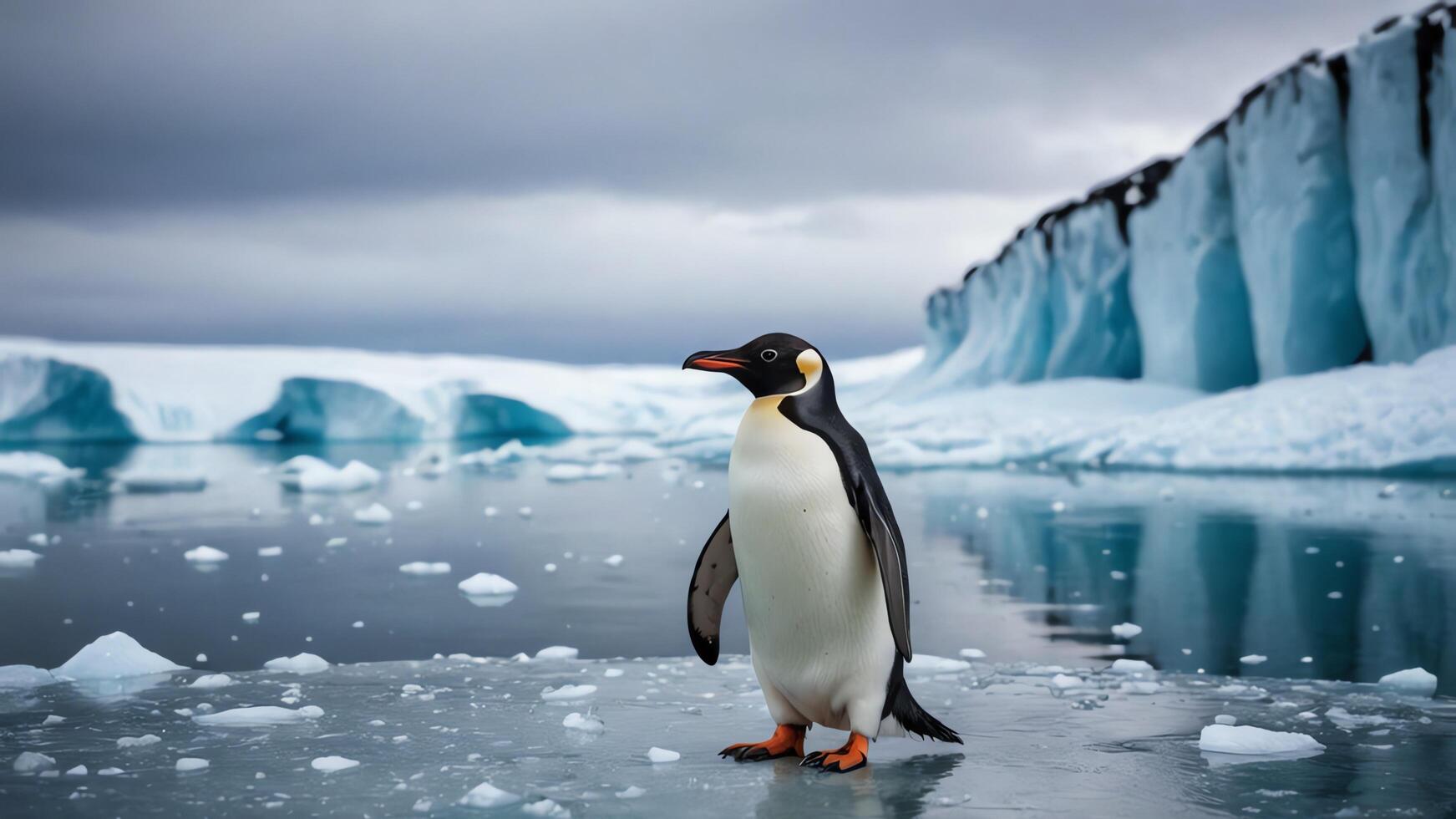 penguin, close up animal portrait with beautiful Antarctic landscape photo