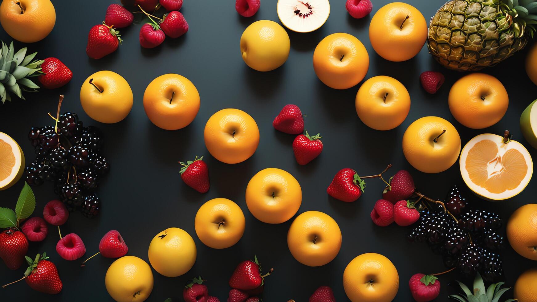 fruit on a black table, design background object on the table, random fruit frame border photo