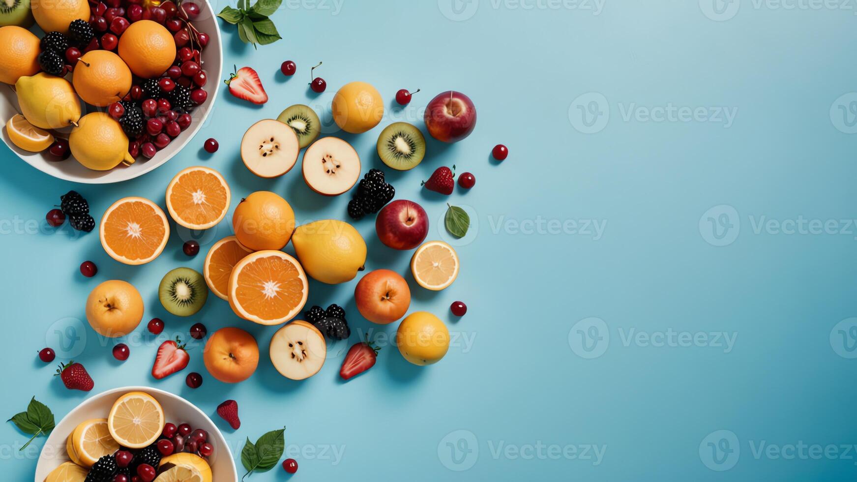 fruit on a blue table, design background object on the table, random fruit frame border photo