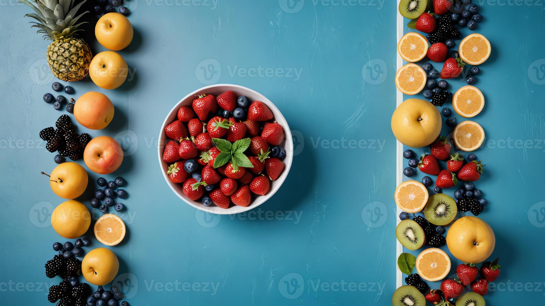 fruit on a blue table, design background object on the table, random fruit frame border photo