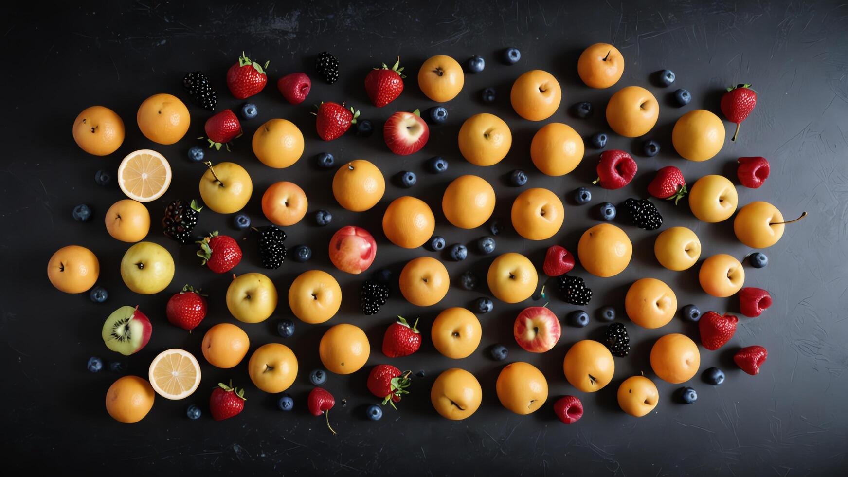 fruit on a black table, design background object on the table, random fruit frame border photo