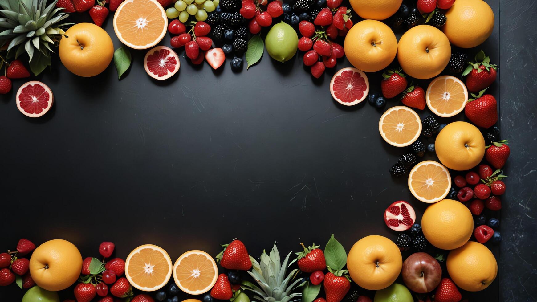 fruit on a black table, design background object on the table, random fruit frame border photo