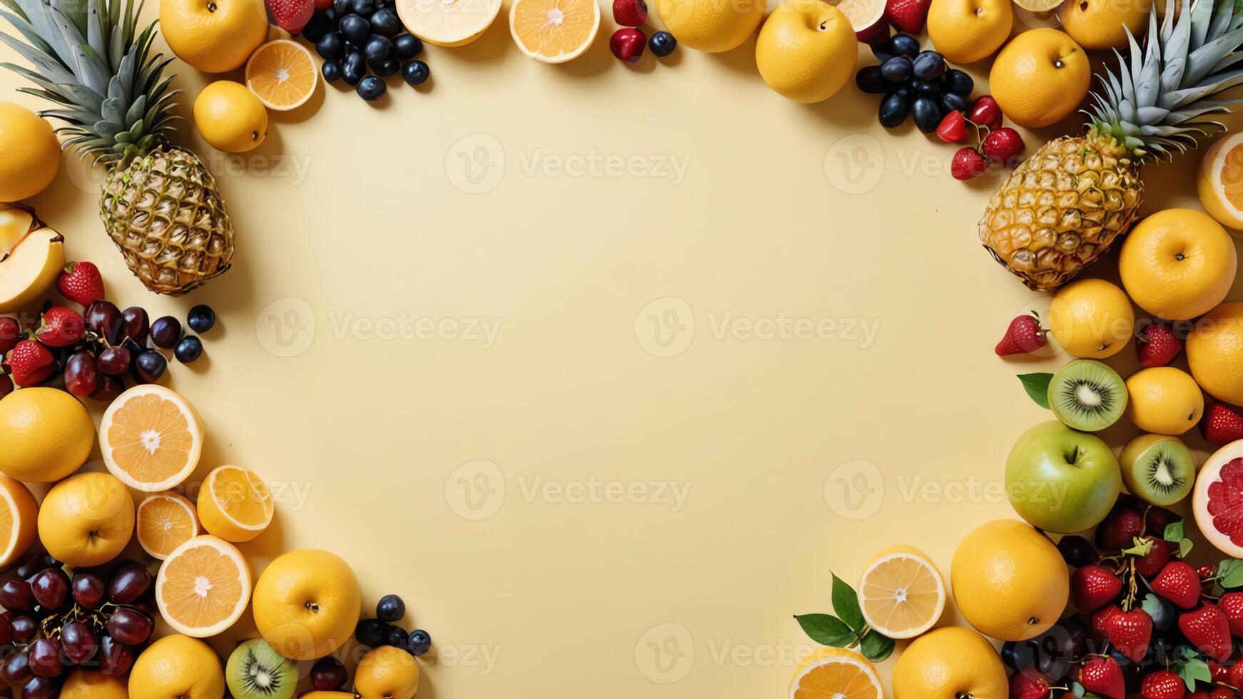 fruit on a yellow table, design background object on the table, random fruit frame border photo