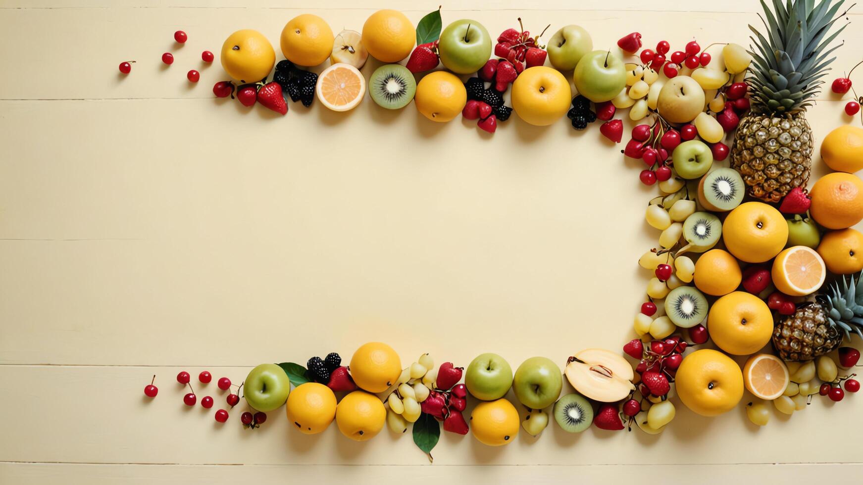 fruit on a yellow table, design background object on the table, random fruit frame border photo