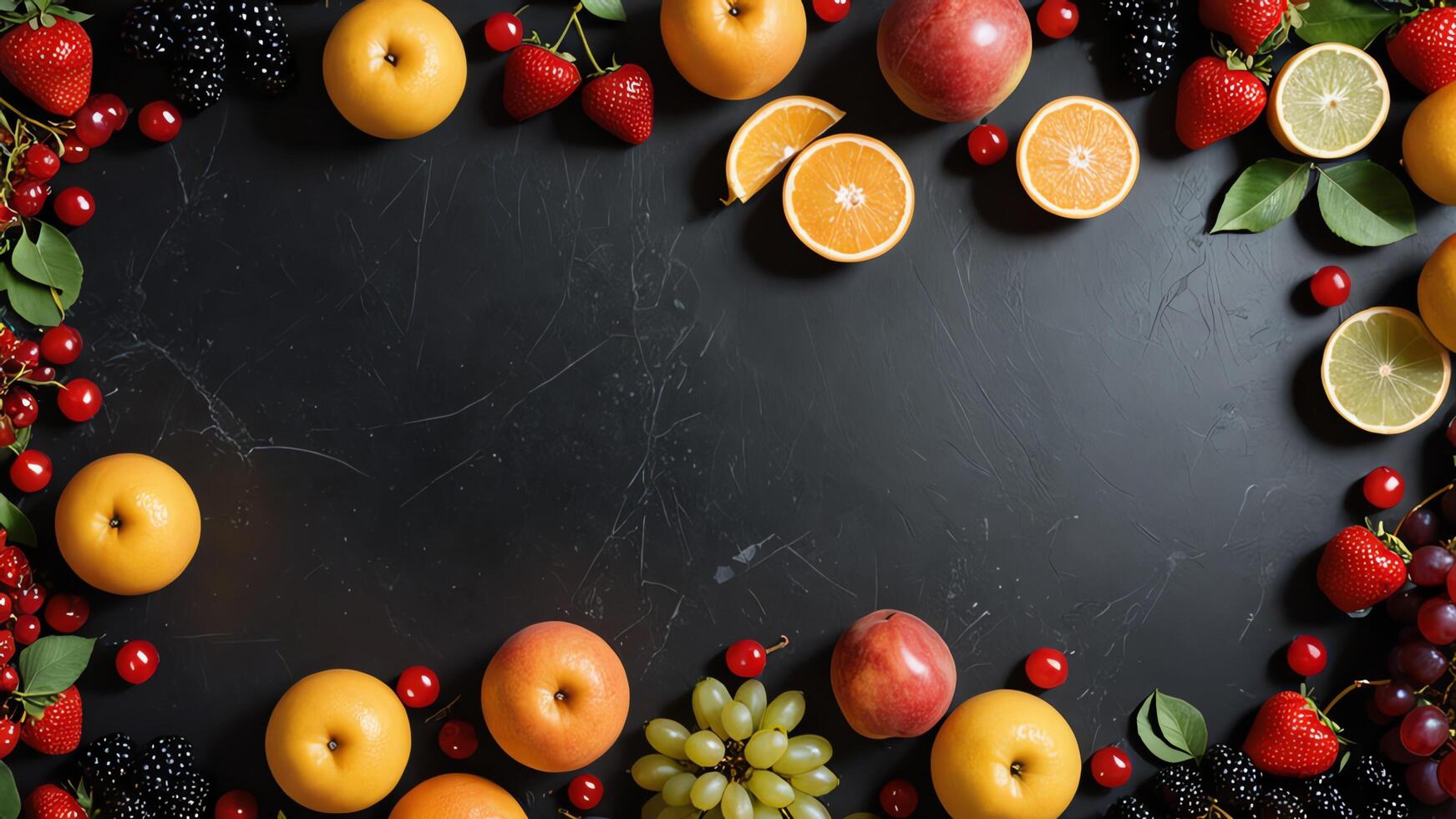 fruit on a black table, design background object on the table, random fruit frame border photo