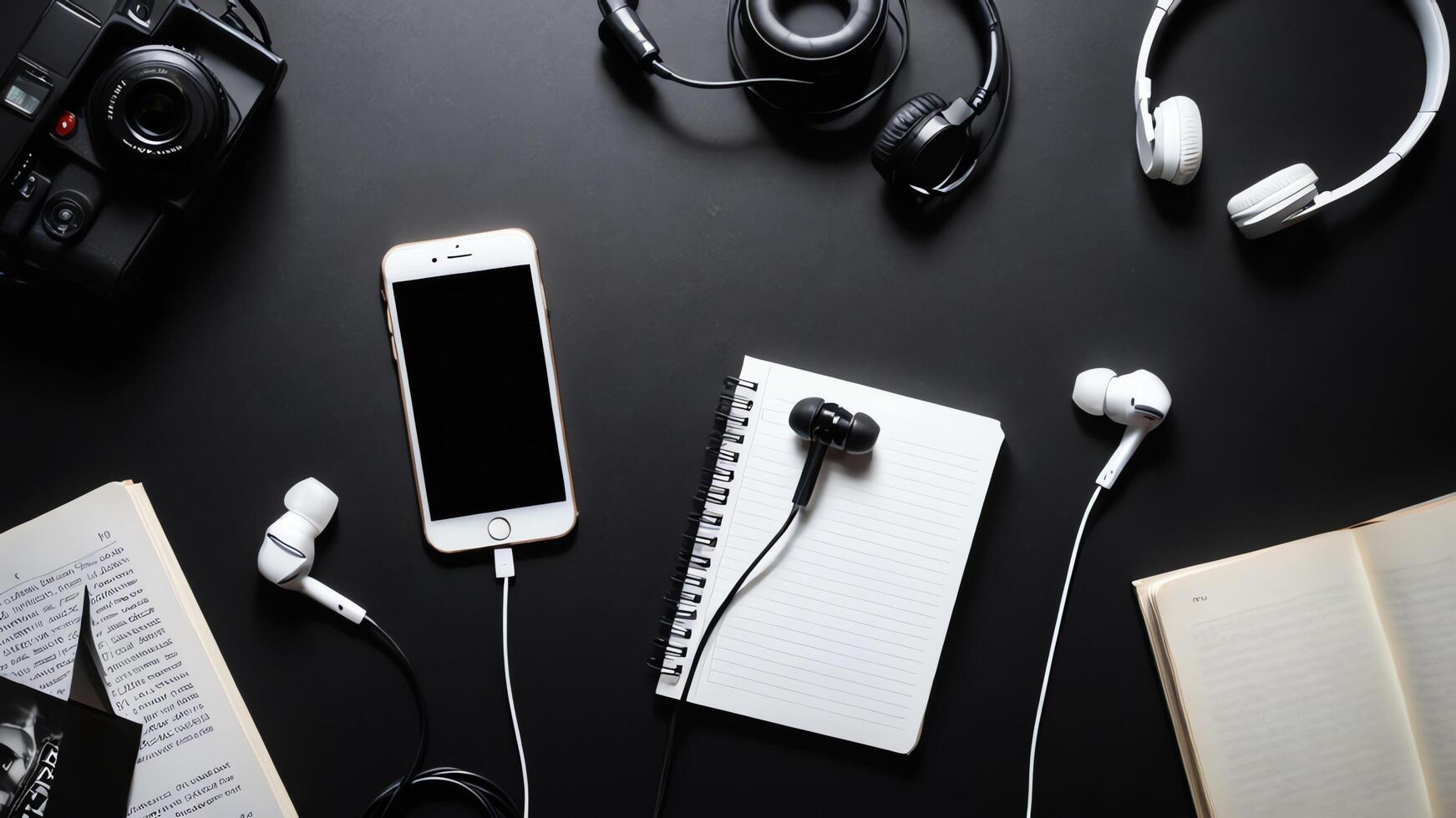 items on black table, background design of random objects on table photo