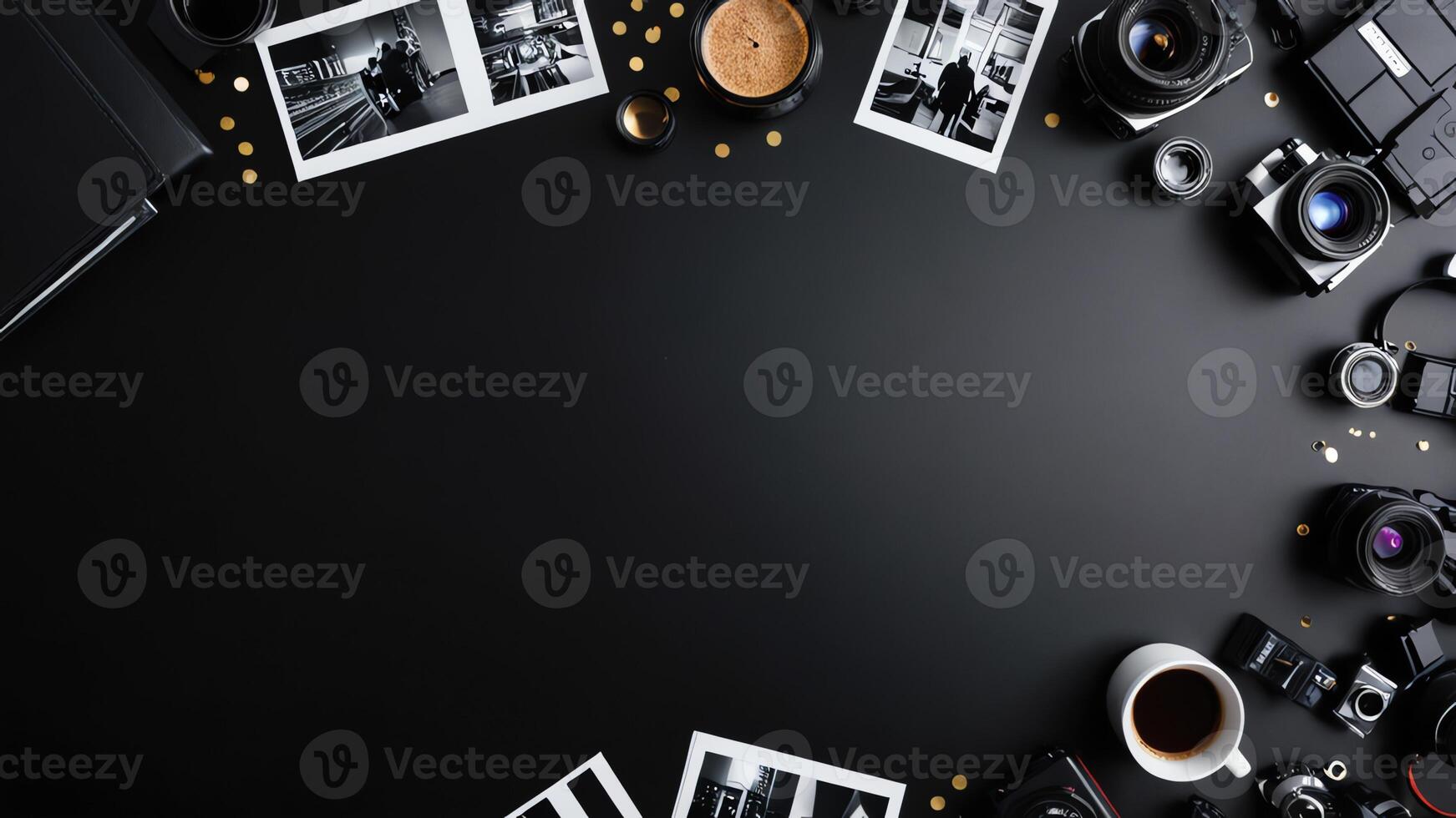 items on black table, background design of random objects on table photo