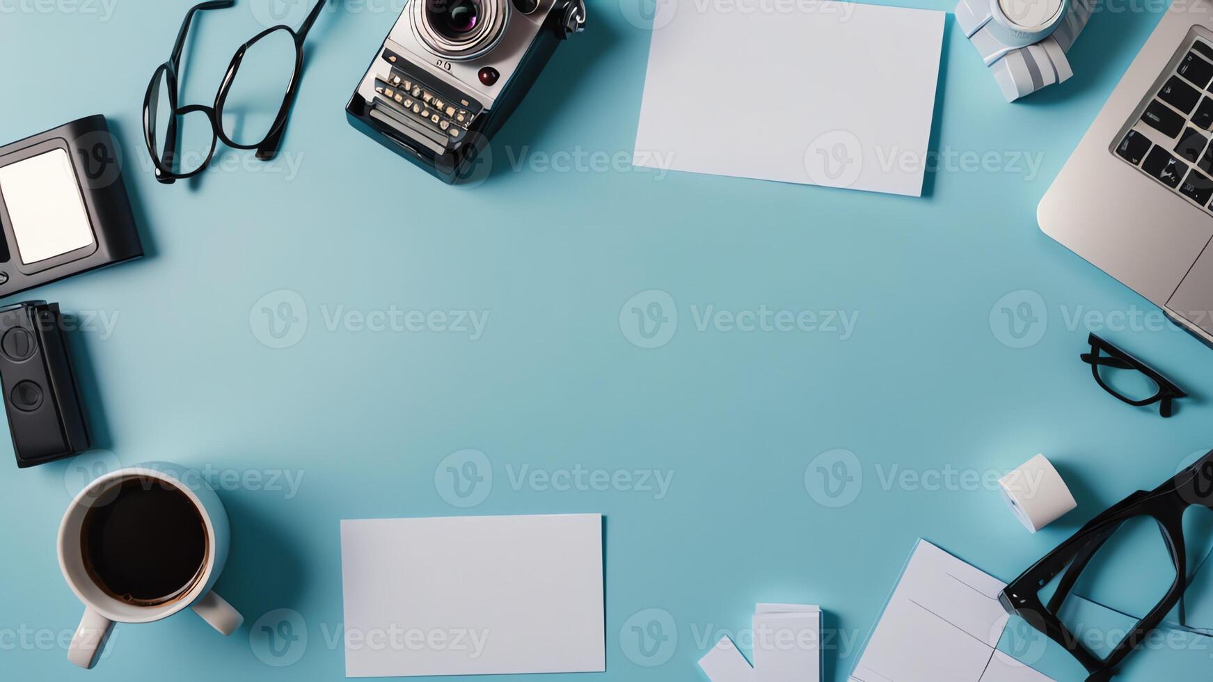 items on blue table, background design of random objects on table photo