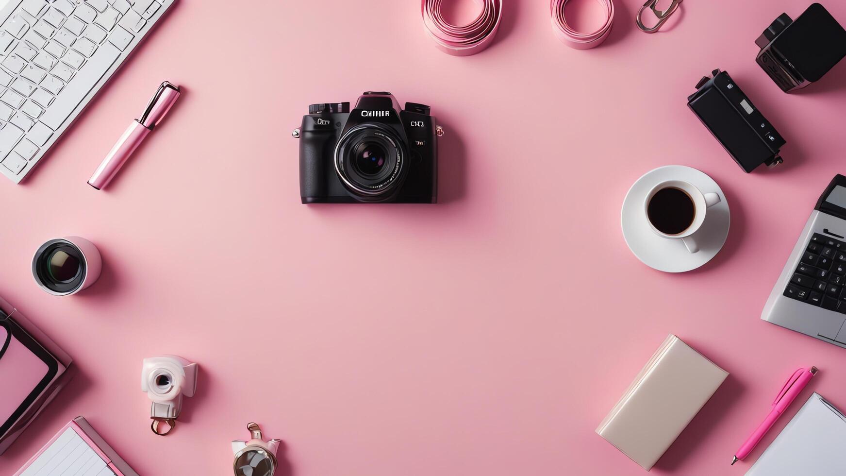items on pink table, background design of random objects on table photo