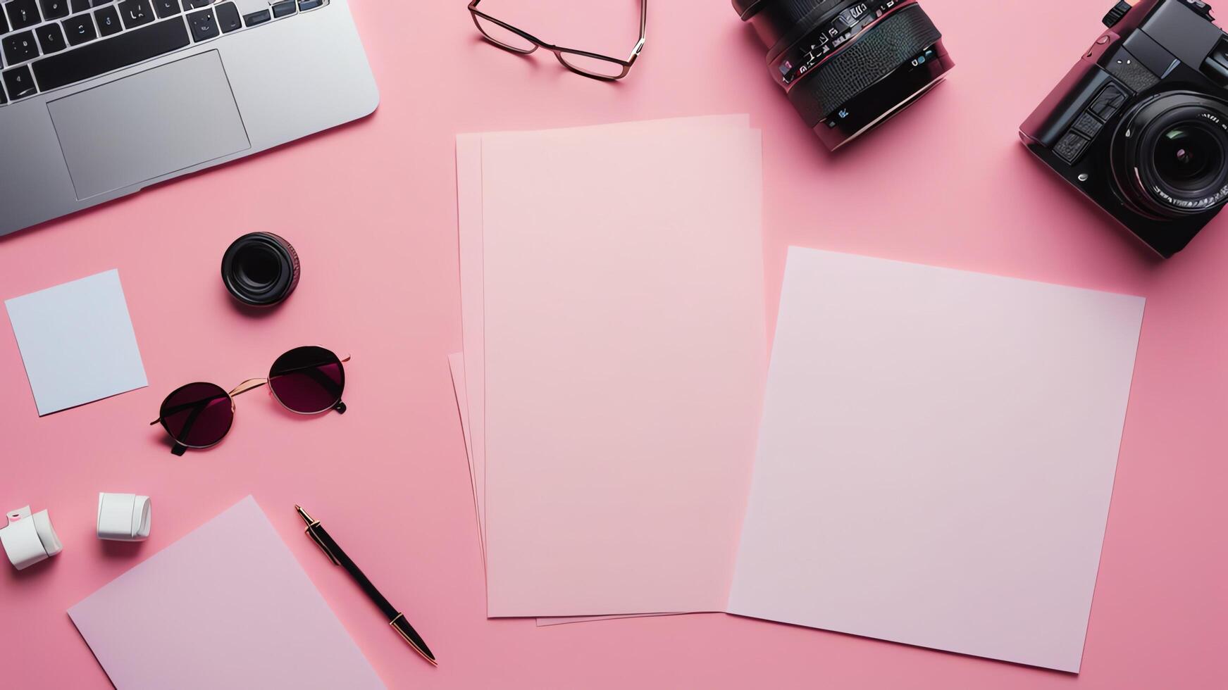 items on pink table, background design of random objects on table photo