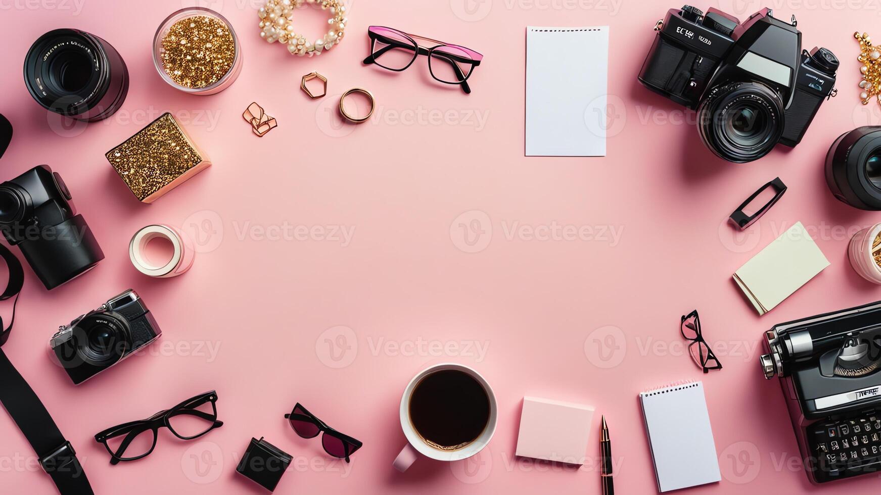 items on pink table, background design of random objects on table photo