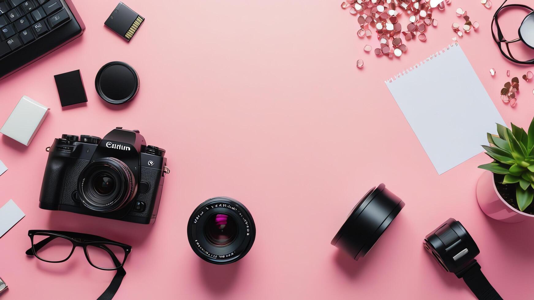 items on pink table, background design of random objects on table photo