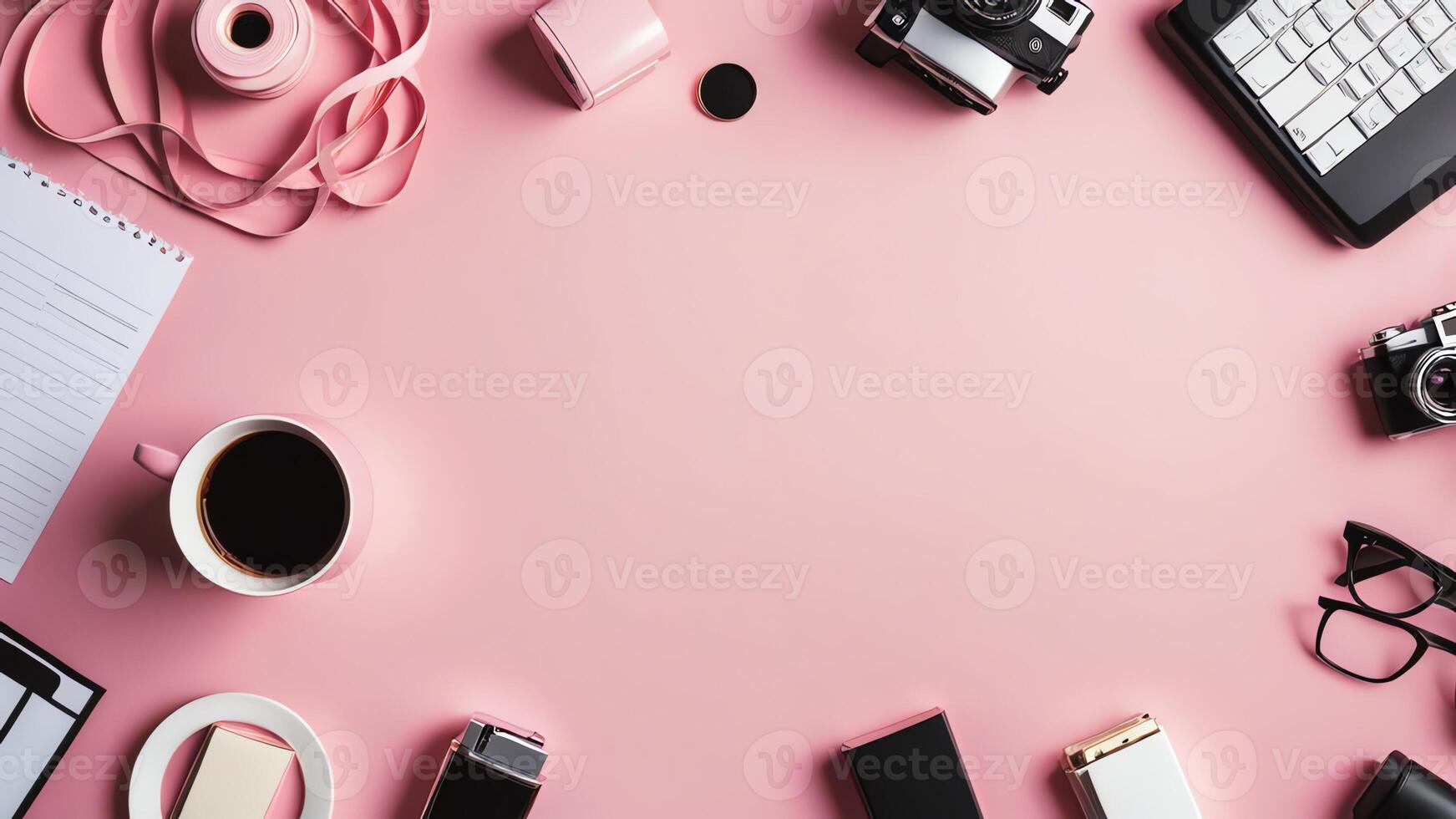 items on pink table, background design of random objects on table photo