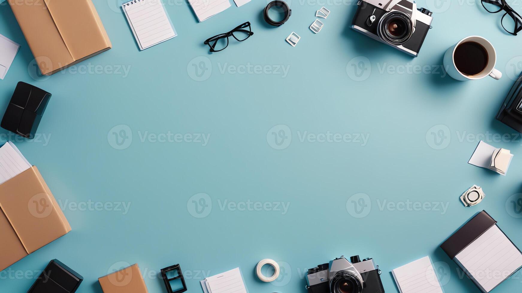 items on blue table, background design of random objects on table photo