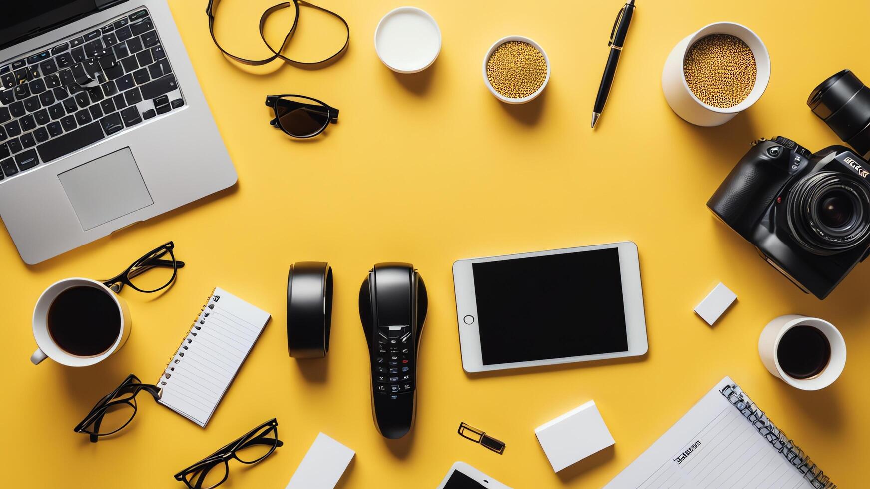 items on yellow table, background design of random objects on table photo