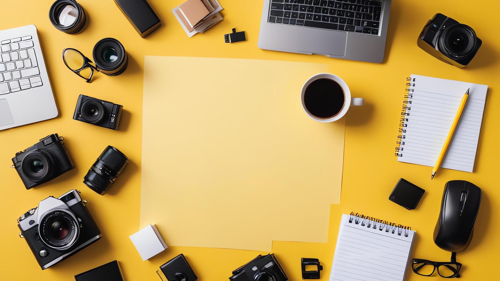 items on yellow table, background design of random objects on table photo
