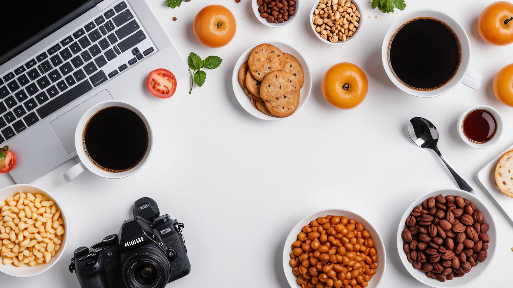 items and food on white table, background design random objects on table photo