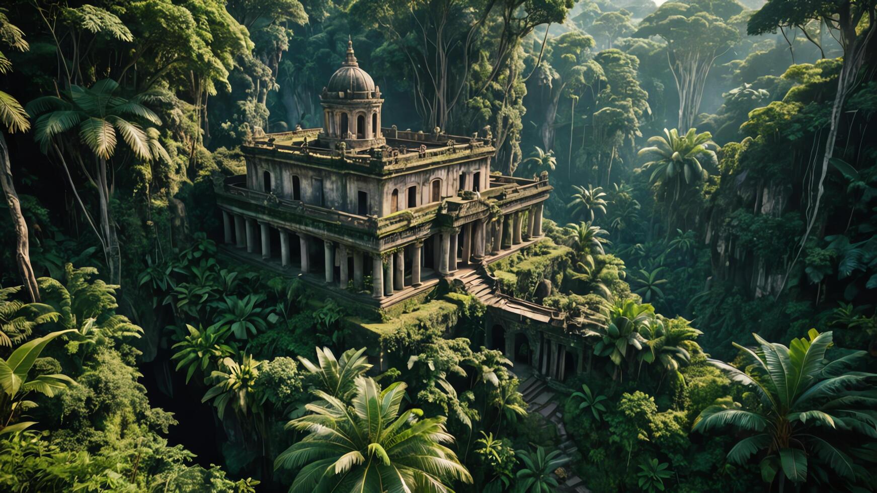 ancient temple surrounded by trees, cliffs and mountains in the forest photo