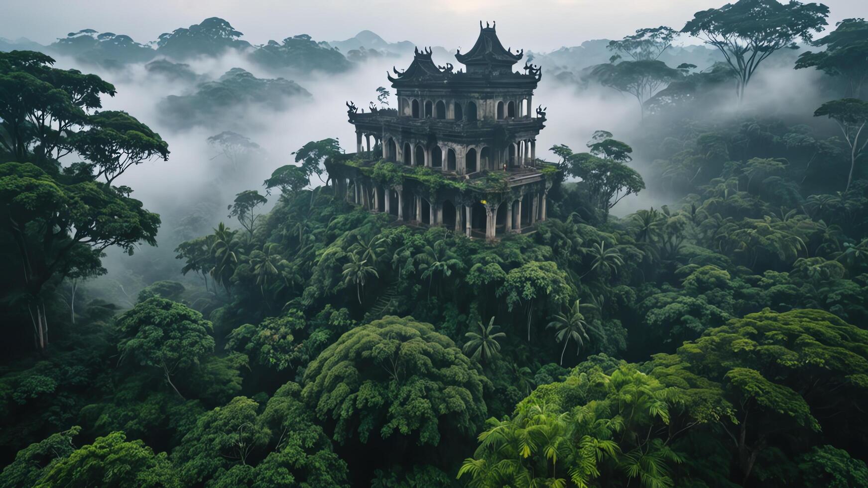 ancient temple surrounded by trees, cliffs and mountains in a misty forest photo