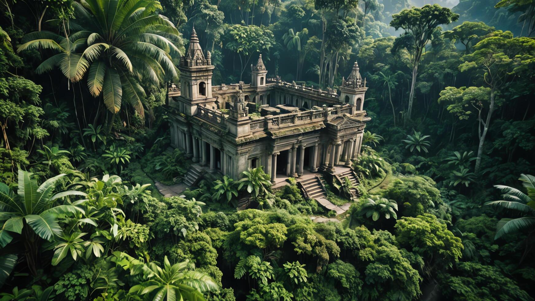 ancient temple surrounded by trees, cliffs and mountains in the forest photo