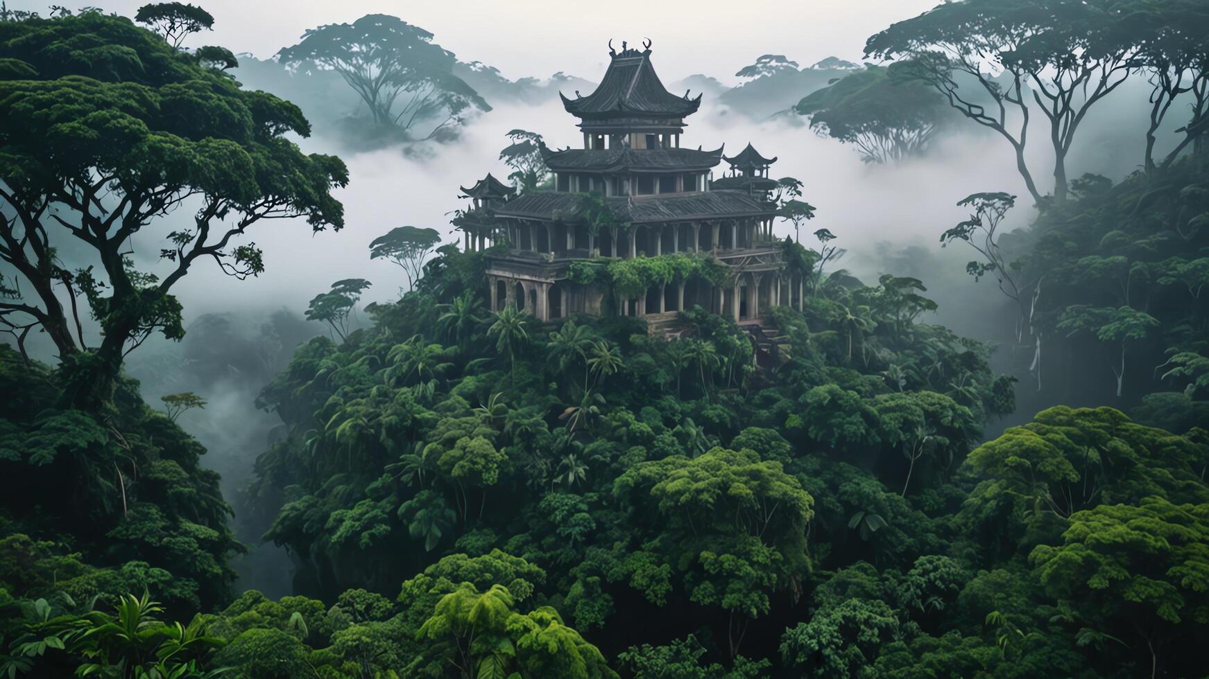 ancient temple surrounded by trees, cliffs and mountains in a misty forest photo